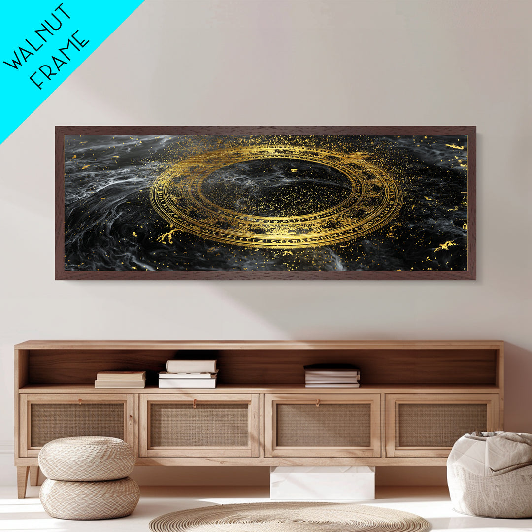 Norse Runes Metallic Gold Art, Viking Symbol Metal Art framed in real wood, Nordic Mythology Office Wall Decor, Man Cave Gift Idea