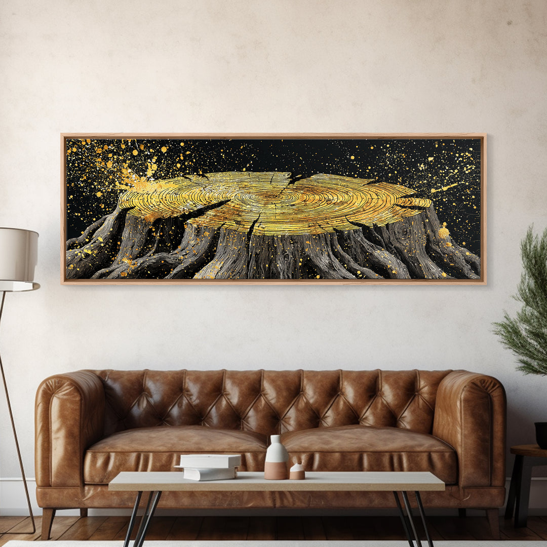 Viking Tree Stump Canvas Gold Art Nordic Mythology Canvas Art for Office or Man Cave, Norse Decor framed in real wood