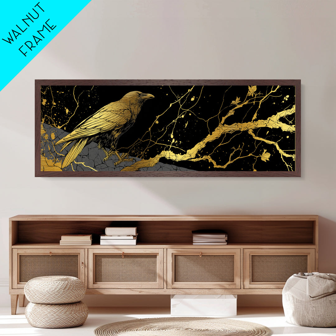Odin’s Raven Metallic Gold Art Norse Mythology Metal Art Viking Wall Decor with natural wood frame, Man Cave or Office Gift