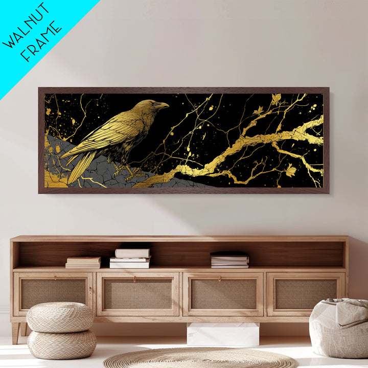 Odin’s Raven Metallic Gold Art Norse Mythology Metal Art Viking Wall Decor with natural wood frame, Man Cave or Office Gift