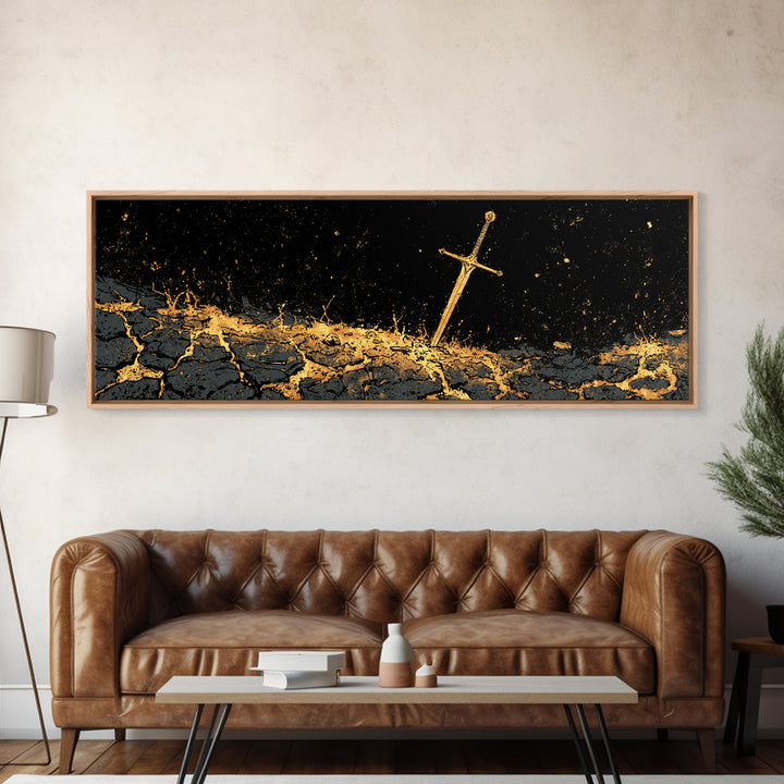 Viking Sword in Earth Canvas Gold Art Norse Mythology Canvas Art for Man Cave Decor with real wood frame, Office Warrior Gift