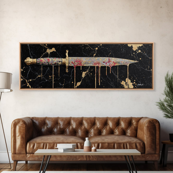 Decorative Dagger Canvas Gold Art Nordic Mythology Canvas Art Norse Weapon Decor framed in real wood, Viking Office Wall Art