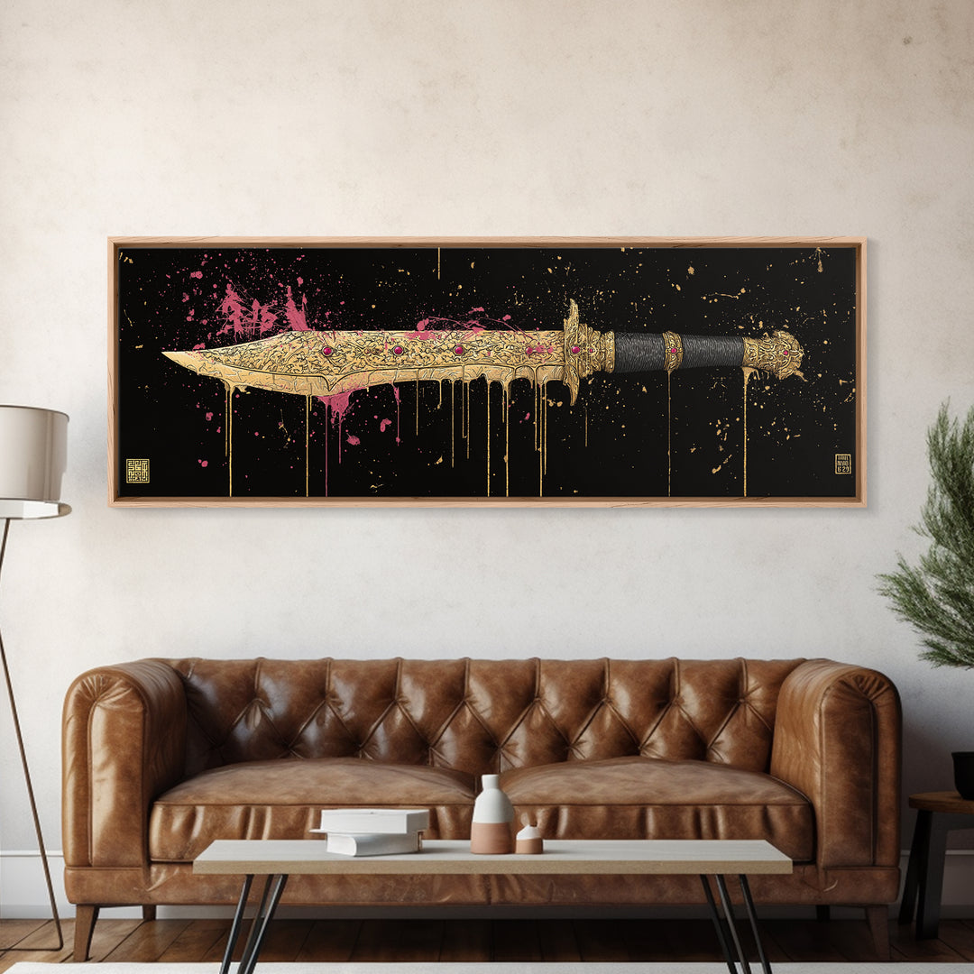 Runed Blade Canvas Gold Art Norse Mythology Canvas Art Nordic Weapon Decor with natural wood frame, Man Cave or Dad Gift