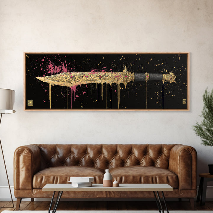 Runed Blade Canvas Gold Art Norse Mythology Canvas Art Nordic Weapon Decor with natural wood frame, Man Cave or Dad Gift