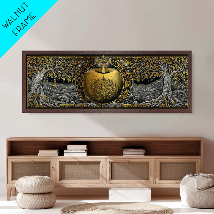 Norse Garden of Idunn Metallic Gold Art Viking Mythology Metal Art Nordic Apple Decor with real wood frame, Man Cave Wall Art