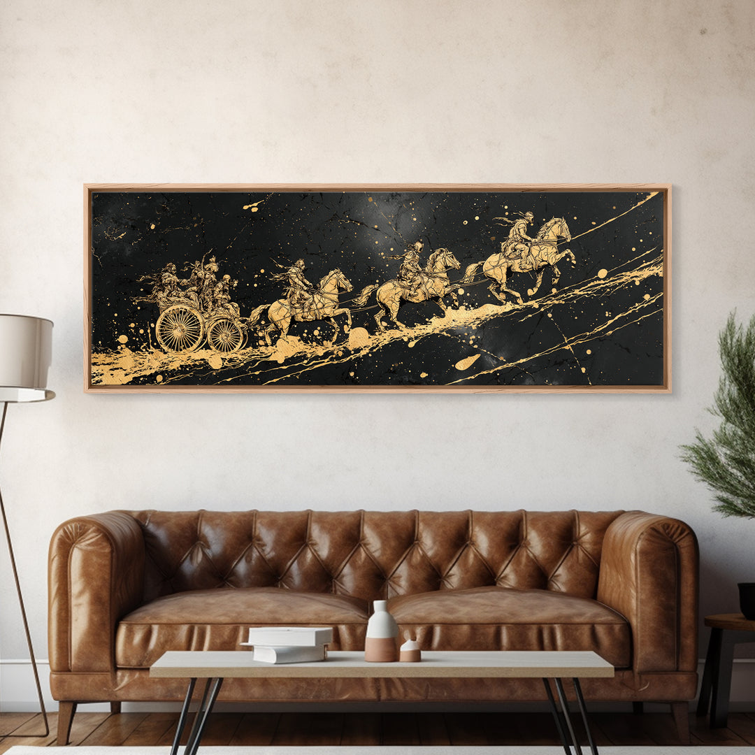 Valkyries’ Ride Canvas Gold Art Norse Mythology Canvas Art Viking Horse Decor framed in natural wood, Warrior Office Wall Art