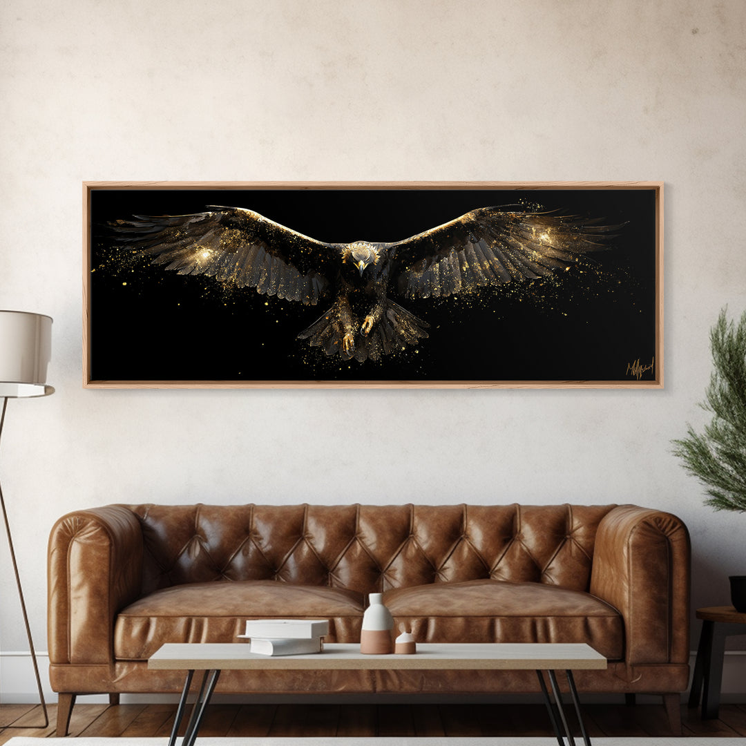 Golden Eagle Canvas Gold Art Norse Mythology Canvas Art Odin’s Bird Decor with real wood frame, Nordic Viking Man Cave Gift
