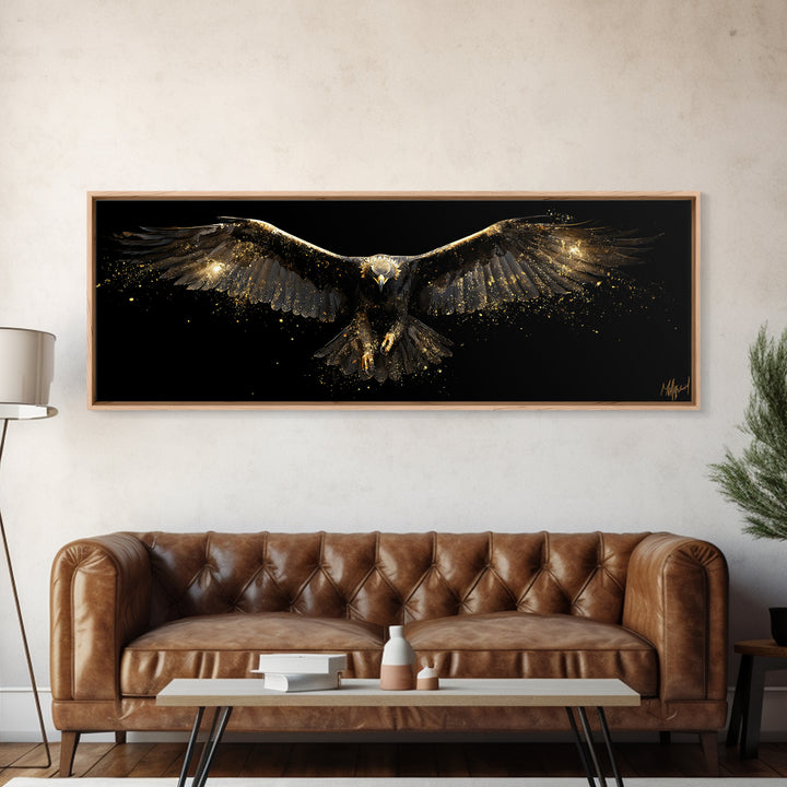 Golden Eagle Canvas Gold Art Norse Mythology Canvas Art Odin’s Bird Decor with real wood frame, Nordic Viking Man Cave Gift