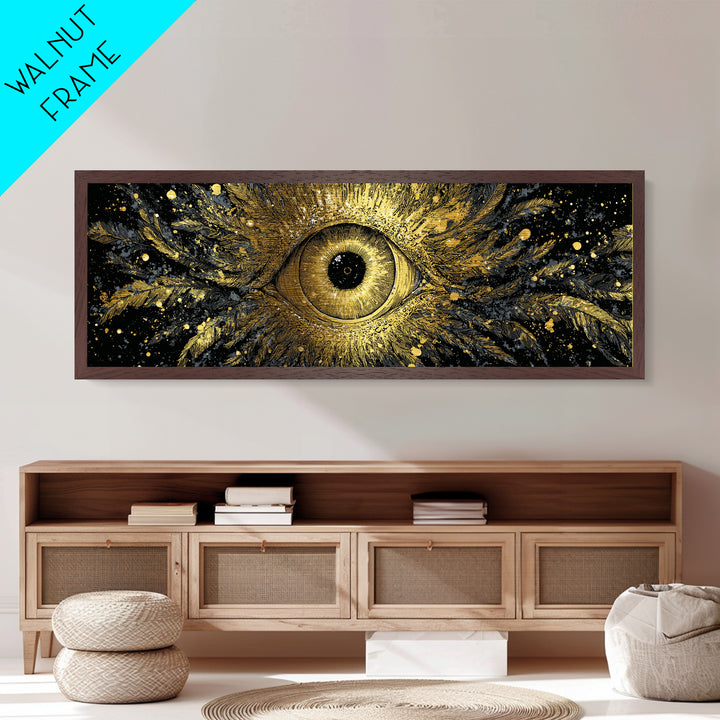 Odin’s All-Seeing Eye Metallic Gold Art Nordic Wall Decor Metal Art for Office or Man Cave, framed in natural wood
