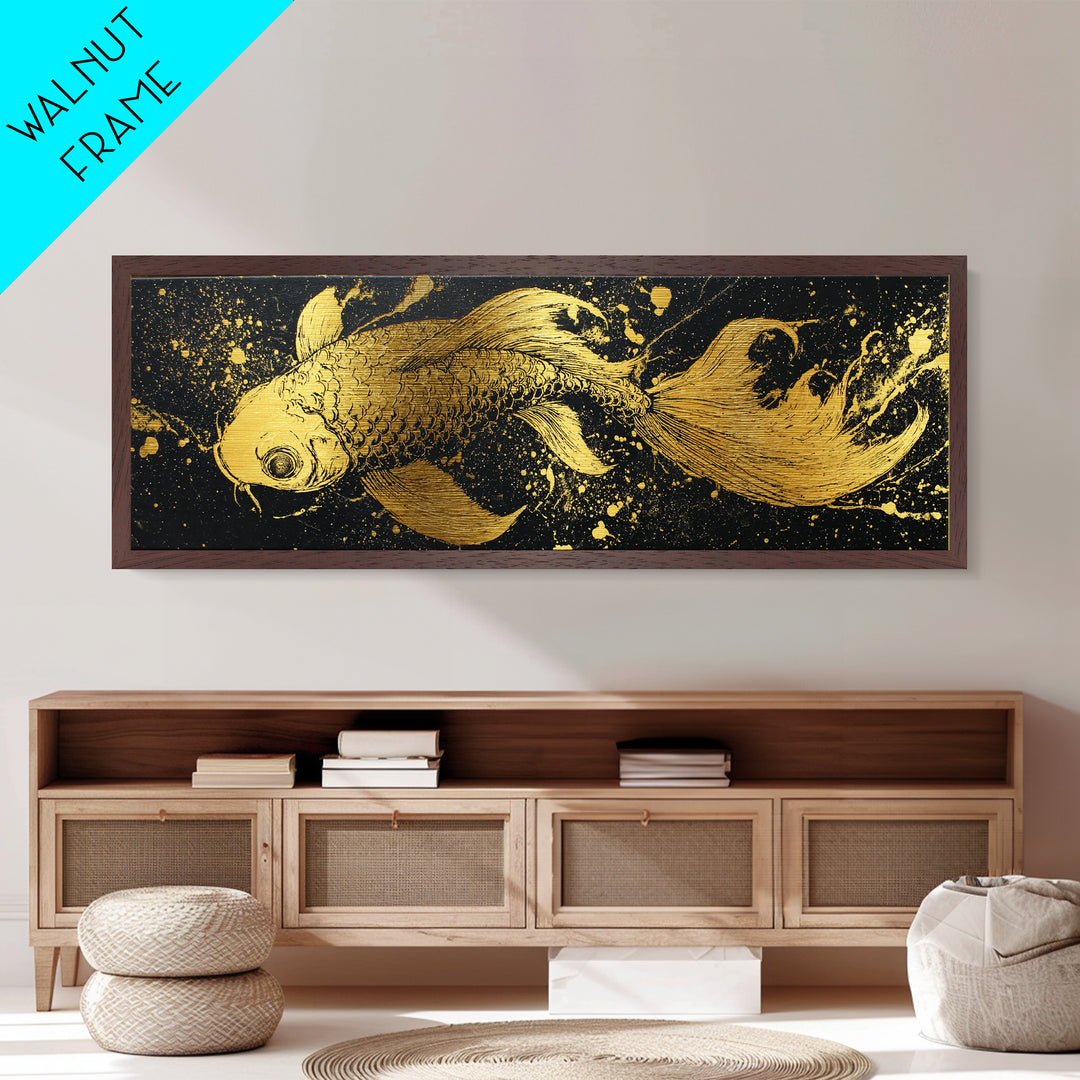 Koi Fish Metallic Gold Art Japanese Nordic Fusion Wall Art Metal Art with real wood frame, great Viking Dad Gift or Office