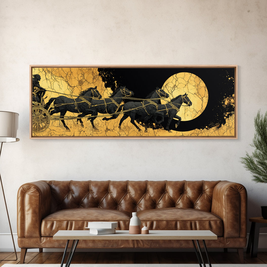Sol’s Chariot Horses Canvas Gold Art Norse Mythology Canvas Art Wall Decor with wood frame, Viking Office or Man Cave