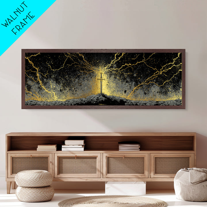 Legendary Sword Metallic Gold Art Norse Mythology Metal Art Wall Decor for Men, Office or Man Cave framed in real wood