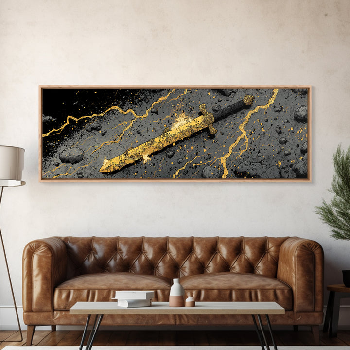 Ancient Norse Blade Canvas Gold Art Canvas Art Viking Decor with natural wood framing, Office Wall Art or Man Cave Gift