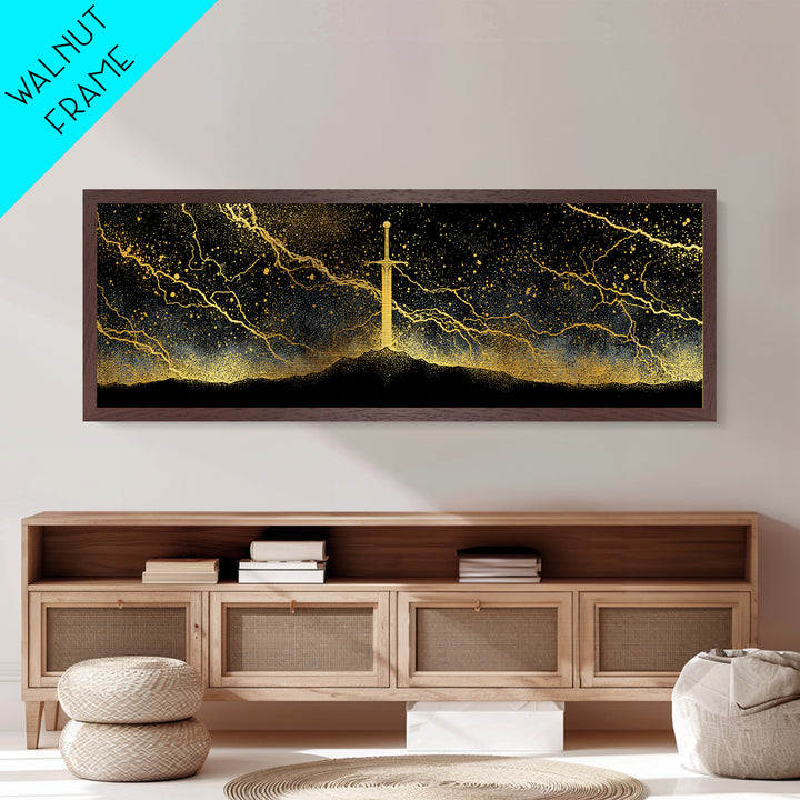 Mythic Sword of the Gods Metallic Gold Art Nordic Wall Decor Metal Art framed in real wood, perfect Man Cave or Dad Gift