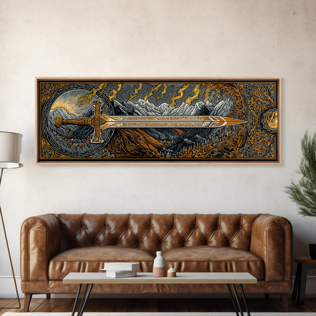 Norse Ornate Sword Canvas Gold Art Canvas Art Viking Mythology Wall Decor with real wood frame, Office Art for Men