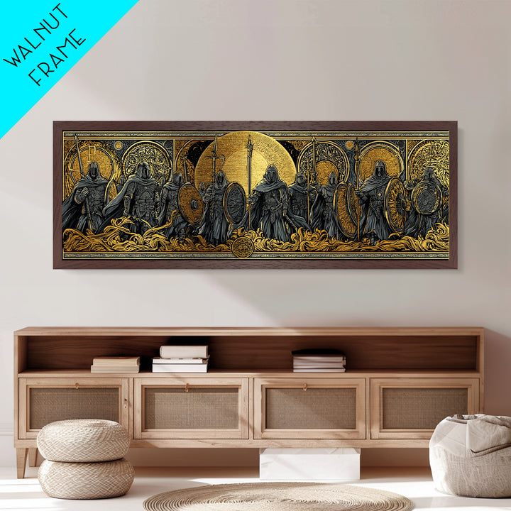 Einherjar Warriors Metallic Gold Art Norse Mythology Metal Art with wood framing, Viking Man Cave Wall Art for Dad Gift
