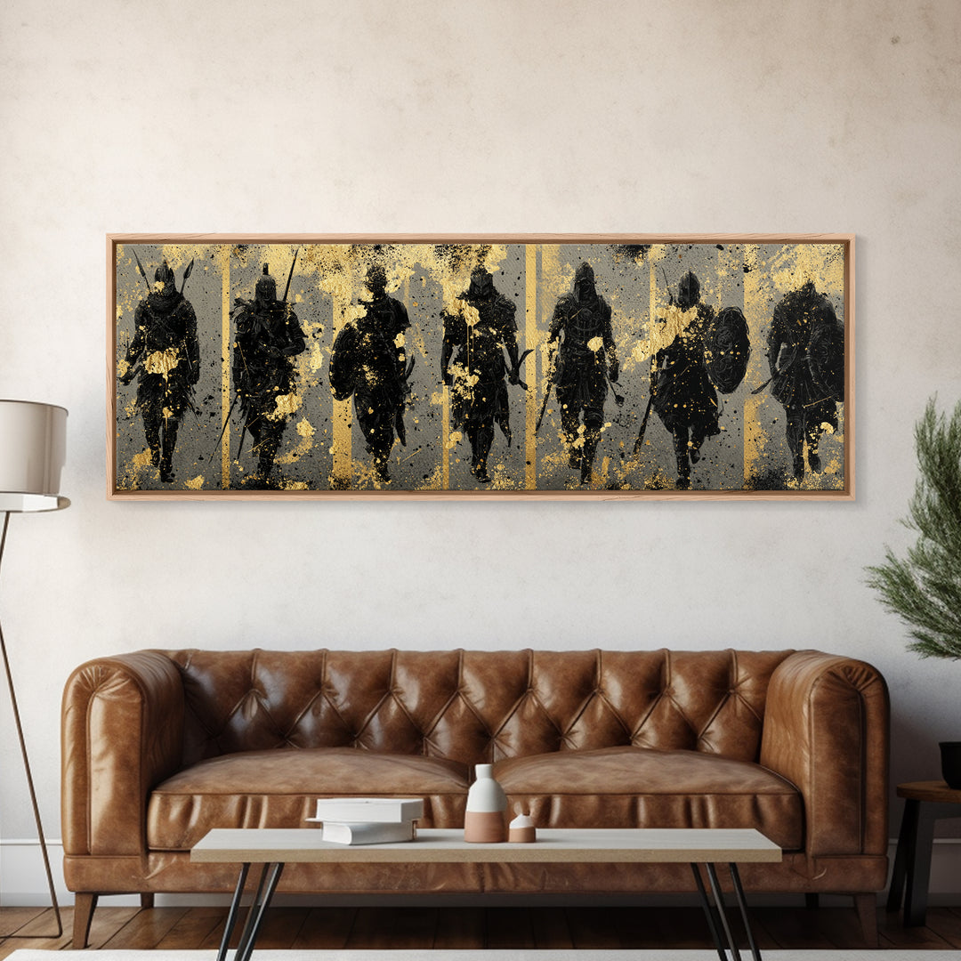 Viking Warriors Canvas Gold Art Norse Canvas Art Wall Decor framed in natural wood, perfect Office Art or Man Cave Decor