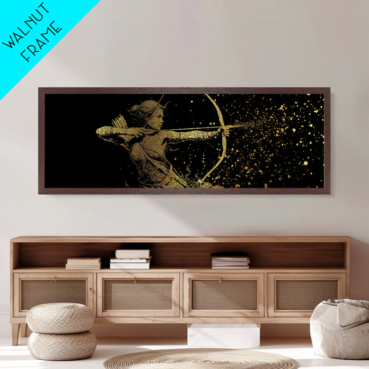 Archer Goddess Metallic Gold Art Norse Mythology Female Warrior Metal Art with real wood frame, Office Art or Dad Gift
