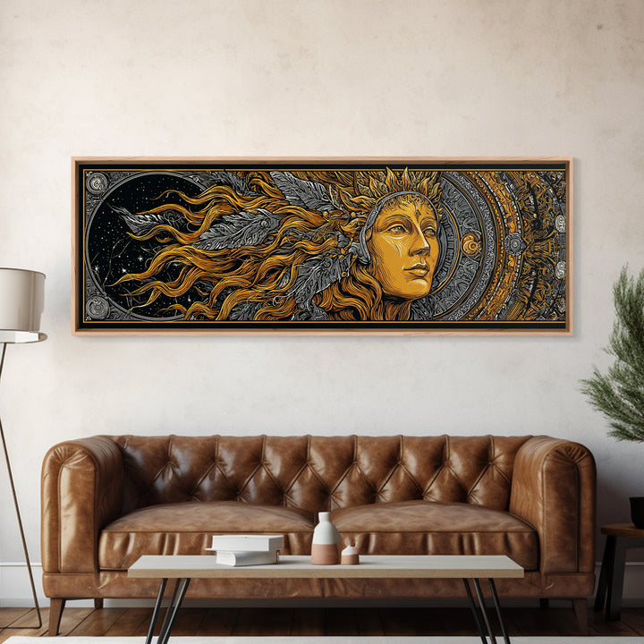 Canvas Art Canvas Gold Sun Goddess Norse Mythology Wall Decor, Nordic Office or Man Cave Art framed in natural wood