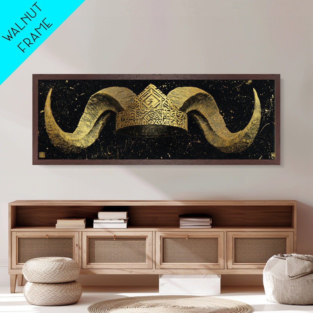 Nordic Horned Crown Metallic Gold Art, Viking Inspired Metal Art Wall Hanging, Office Decor or Dad Gift in real wood frame