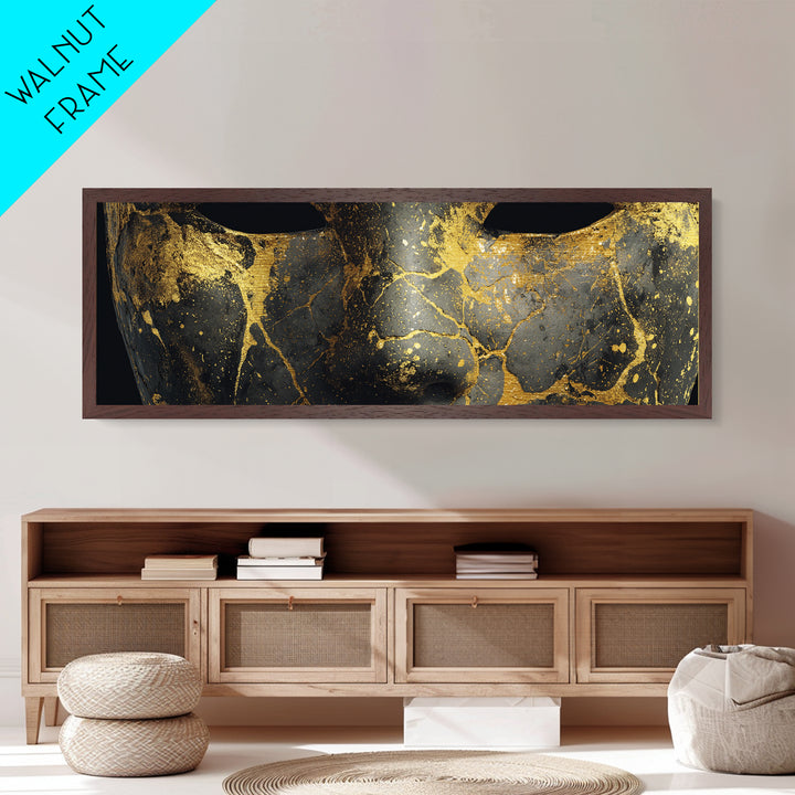 Kintsugi Mask Metallic Gold Art, Norse Mythology Metal Art Wall Decor, Unique Nordic Office Accent framed in real wood