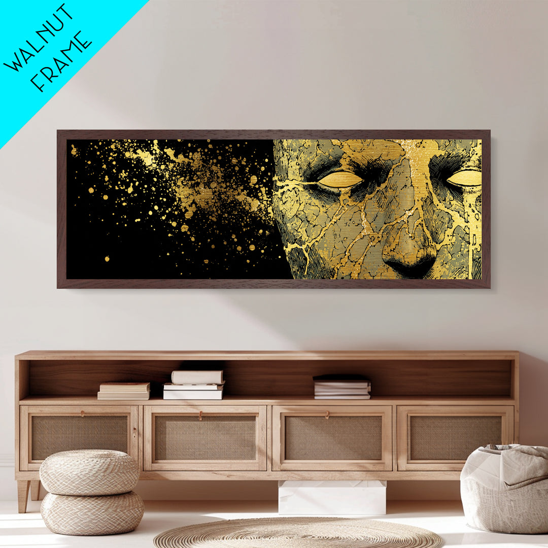 Metal Art Metallic Gold Broken Face Nordic Mask, Norse Mythology Office or Man Cave Art, Viking Decor with natural wood frame