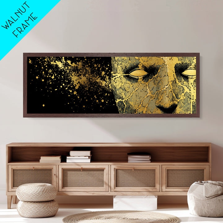 Metal Art Metallic Gold Broken Face Nordic Mask, Norse Mythology Office or Man Cave Art, Viking Decor with natural wood frame