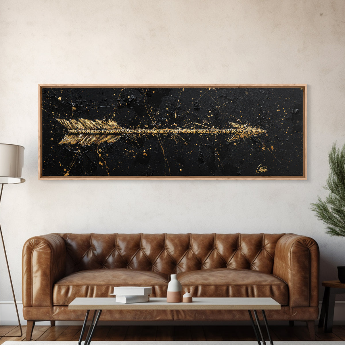 Viking Arrow Canvas Gold Art, Rune Engraved Canvas Art Wall Hanging, Norse Mythology Man Cave Decor with real wood frame