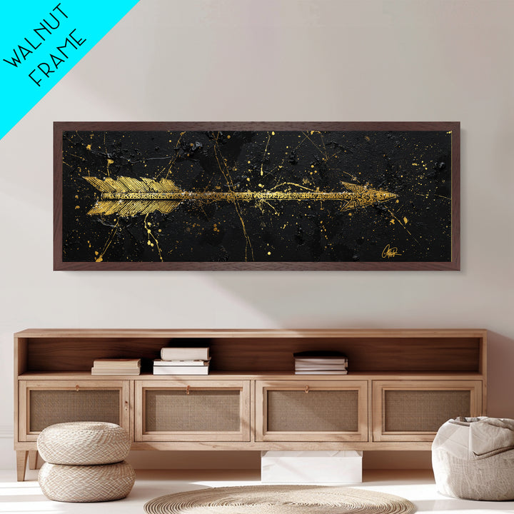 Viking Arrow Metallic Gold Art, Rune Engraved Metal Art Wall Hanging, Norse Mythology Man Cave Decor with real wood frame