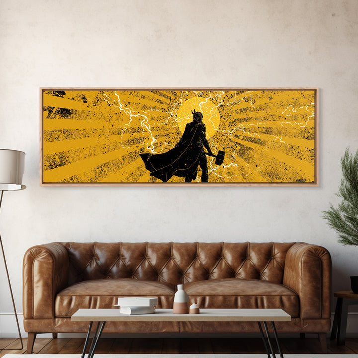 Thor Lightning Hammer Canvas Gold Art, Viking Canvas Art Wall Decor, Norse Mythology Office or Dad Gift in wood frame
