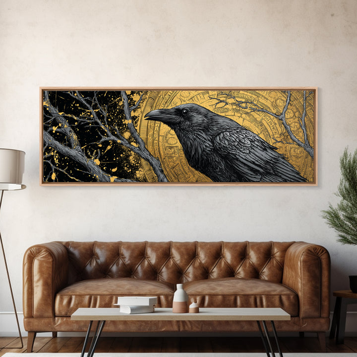 Canvas Art of Odin’s Raven Huginn Canvas Gold Art, Norse Mythology Decor with natural wood frame, Nordic Office or Dad Gift