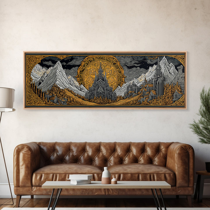 Asgard City Canvas Gold Art, Norse Mythology Canvas Art Wall Hanging, Nordic Office or Man Cave Decor framed in natural wood