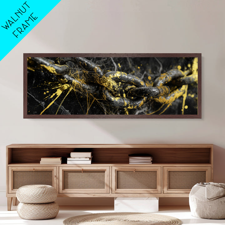 Nordic Chain Symbol Metallic Gold Art Metal Art, Norse Mythology Office Decor for Men, framed in natural real wood