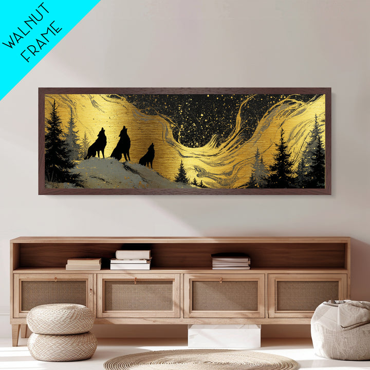 Nordic Wolves Under Stars Metallic Gold Art Metal Art, Viking Mythology Night Sky Office Decor, framed in solid wood