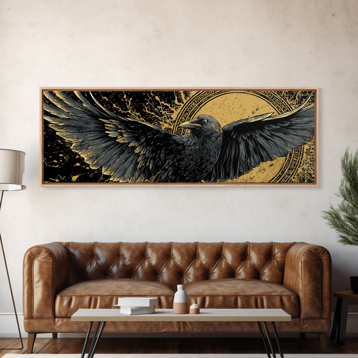 Odin’s Raven Huginn Muninn Canvas Gold Art Canvas Art, Norse Mythology Office Art for Men, framed in authentic wood