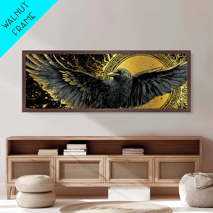 Odin’s Raven Huginn Muninn Metallic Gold Art Metal Art, Norse Mythology Office Art for Men, framed in authentic wood
