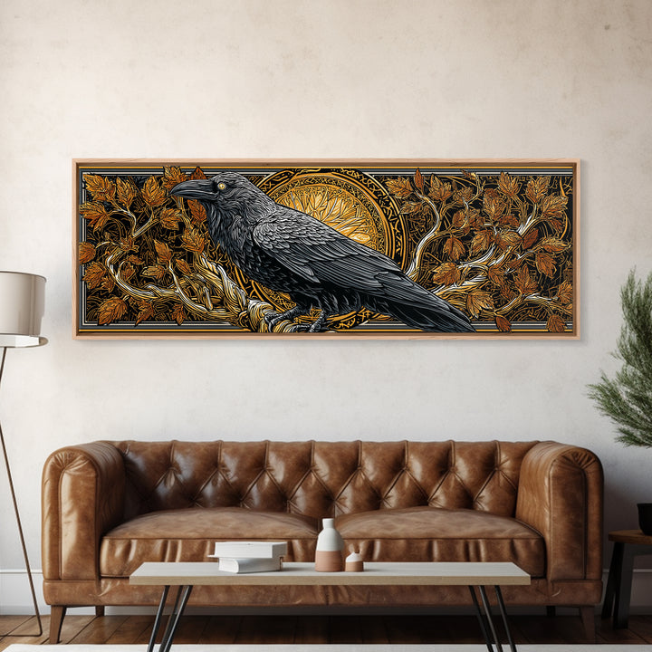 Canvas Gold Art Norse Raven Muninn Canvas Art, Viking Wall Decor framed in real wood, Nordic Mythology Office Art, Gift for Men