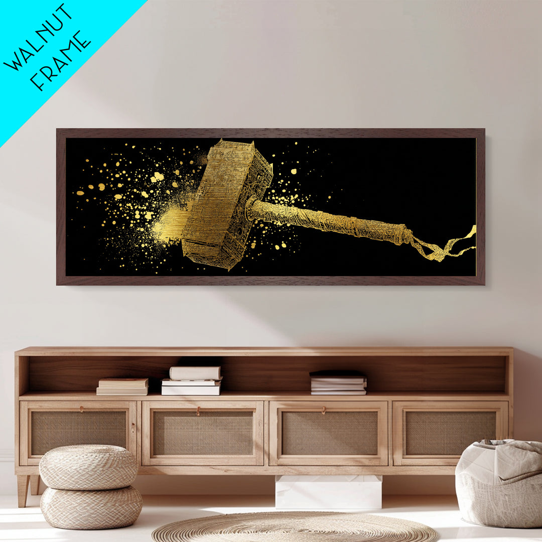 Thor’s Hammer Mjolnir Metallic Gold Art, Norse Mythology Metal Art with real wood frame, Viking Office Wall Decor, Unique Dad Gift