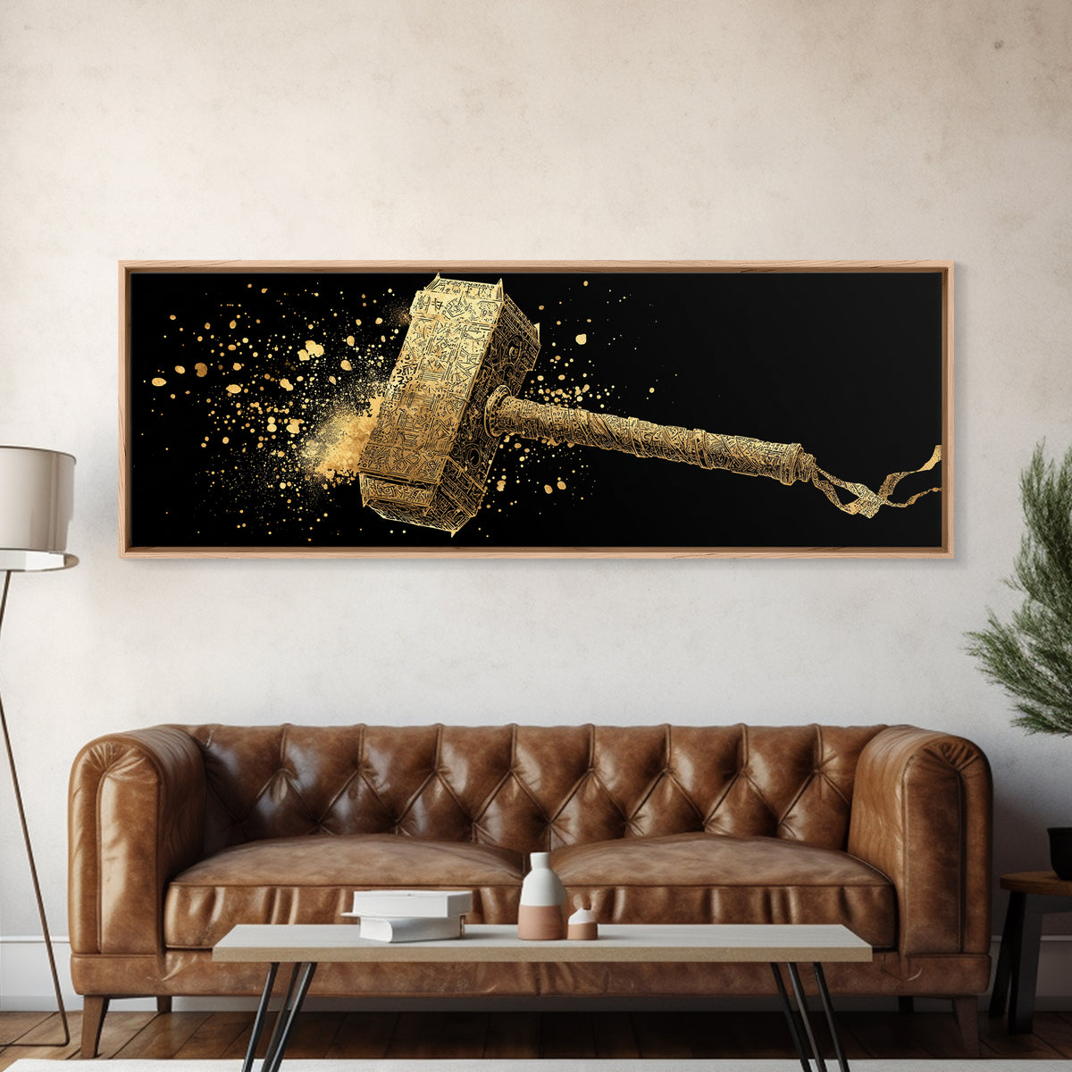 Thor’s Hammer Mjolnir Canvas Gold Art, Norse Mythology Canvas Art with real wood frame, Viking Office Wall Decor, Unique Dad Gift