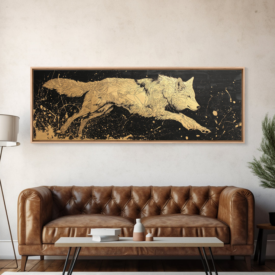 Fenrir Wolf Canvas Gold Art, Norse Mythology Canvas Art framed in natural wood, Viking Man Cave Decor, Nordic Wall Art Dad Gift