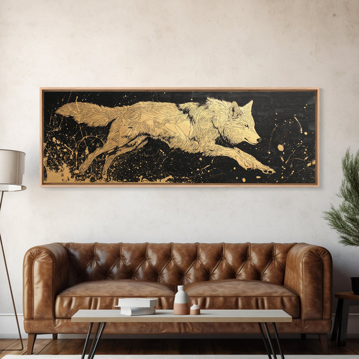 Fenrir Wolf Canvas Gold Art, Norse Mythology Canvas Art framed in natural wood, Viking Man Cave Decor, Nordic Wall Art Dad Gift
