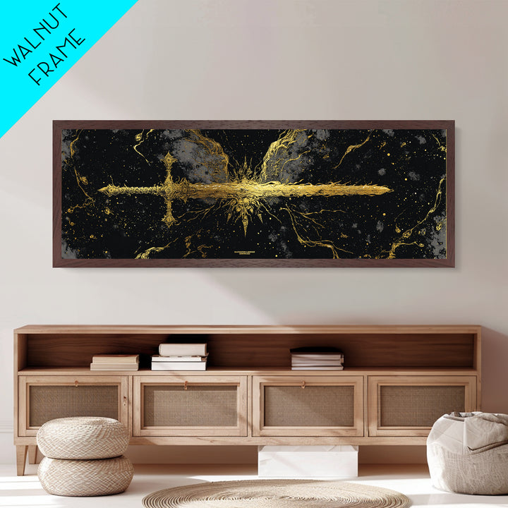 Golden Sword Metallic Gold Art, Norse Mythology Metal Art framed in real wood, Viking Office Wall Decor, Nordic Man Cave Gift