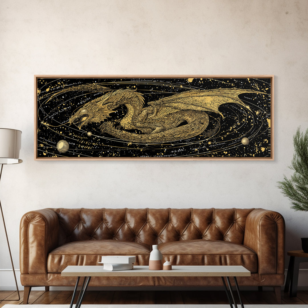 Jormungandr Dragon Canvas Gold Art, Norse Mythology Canvas Art with natural wood frame, Viking Decor for Office, Dad Gift Man Cave