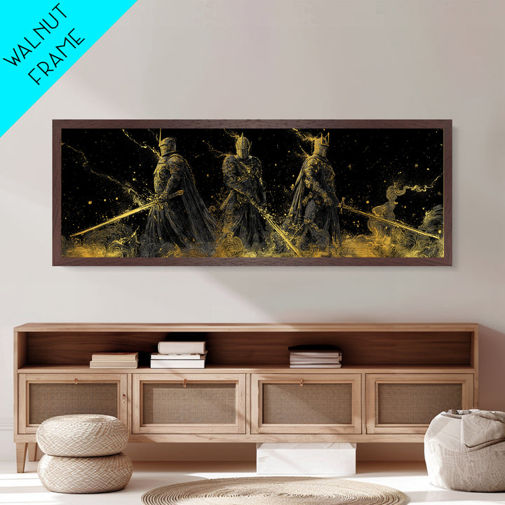 Einherjar Warriors Viking Metallic Gold Art Metal Art, Norse Mythology Office Art Dad Gift, framed in natural wood