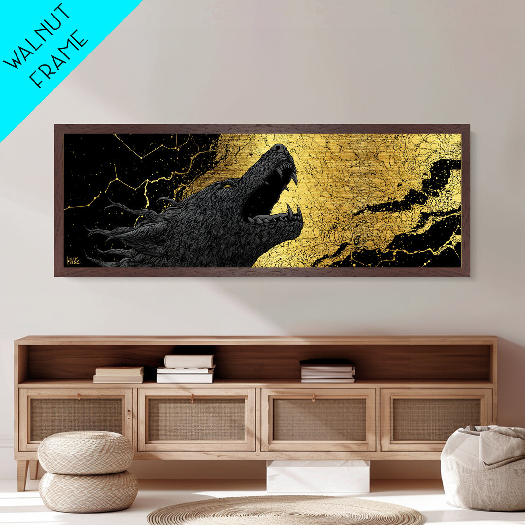 Fenrir Bound Norse Wolf Metallic Gold Art Metal Art, Nordic Mythology Office Decor for Men, framed in natural wood