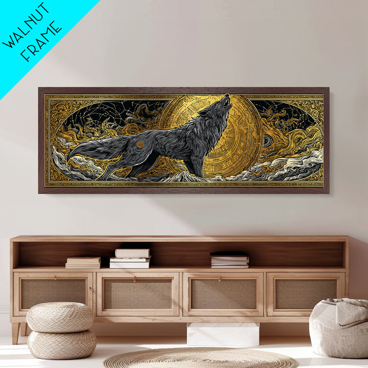 Fenrir Wolf of Ragnarok Metallic Gold Art Metal Art, Norse Mythology Office Decor Man Cave Wall Art, with real wood frame