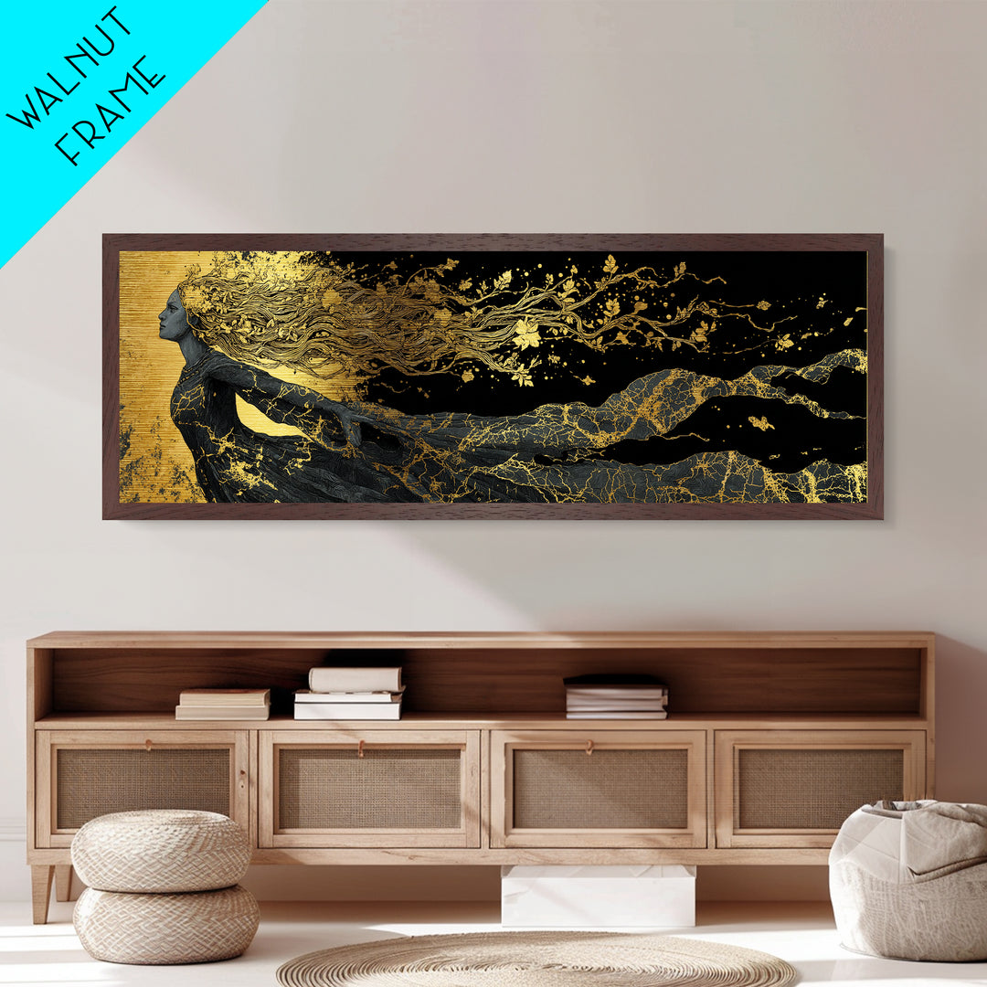 Norse Goddess Freyja Metallic Gold Art Metal Art, Viking Mythology Office Art Man Cave Decor, in handcrafted wood frame