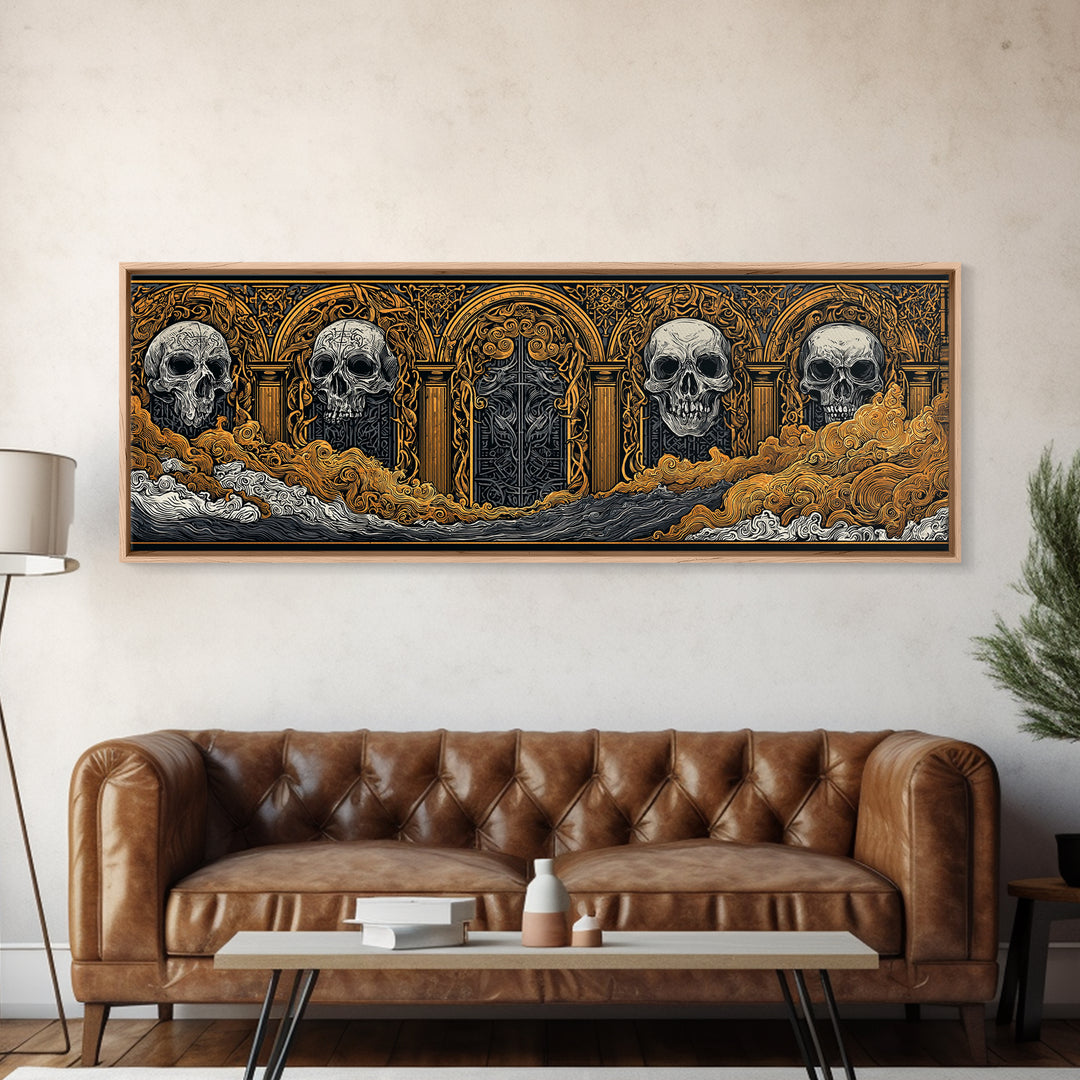Helheim Canvas Gold Art, Norse Mythology Canvas Art with Nordic Skulls, Office Wall Decor for Men, Framed in Real Wood