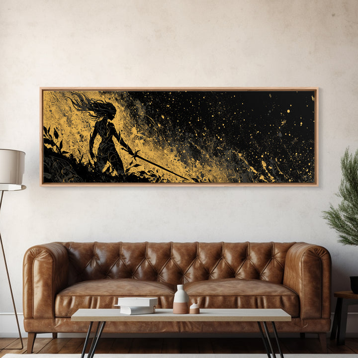 Norse Shieldmaiden Hervor Canvas Art, Canvas Gold Art for Man Cave or Office, Viking Mythology Wall Decor, Real Wood Frame