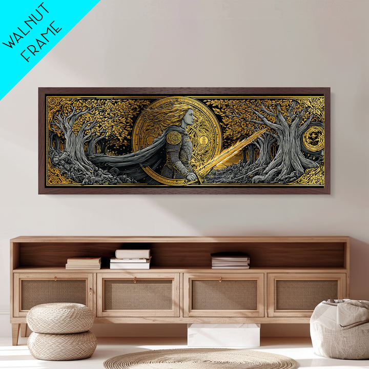 Hervor Nordic Warrior Goddess Metallic Gold Art, Mythology Inspired Metal Art, Dad Gift or Office Art, Framed in Natural Wood